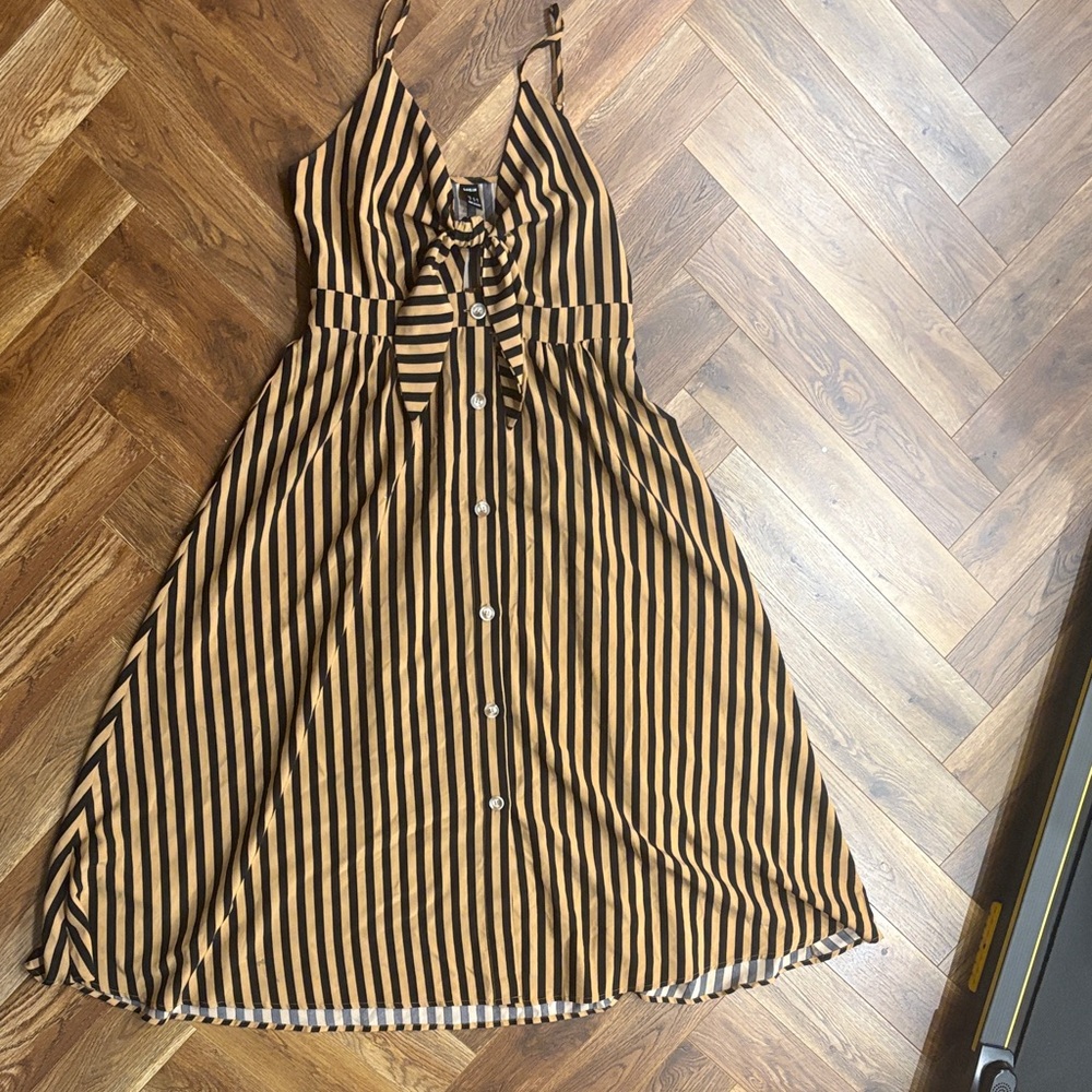 Zara Black and Tan Striped Midi Dress